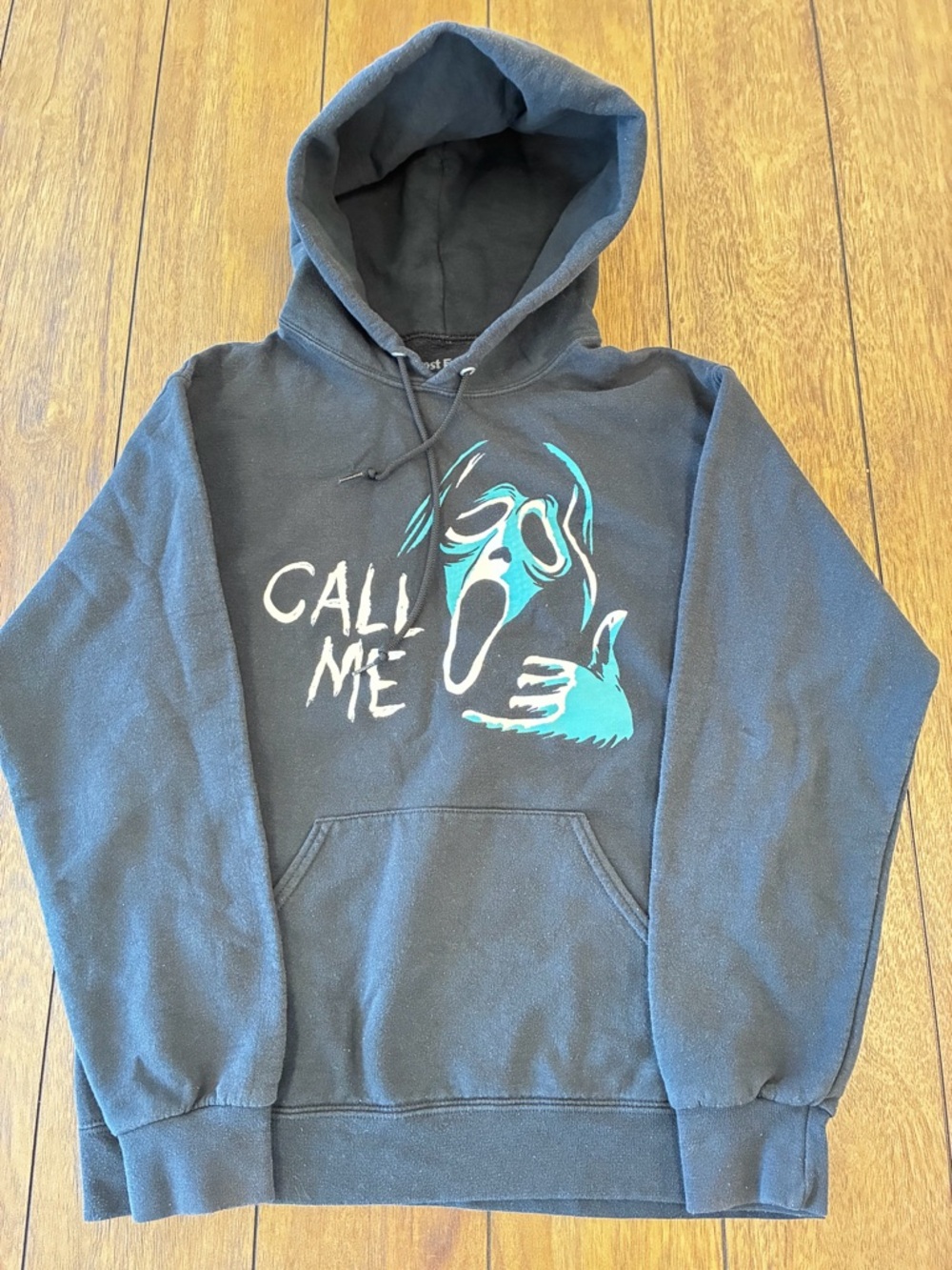 Black Graphic Crewneck Hoodie with Teal Call Me Design